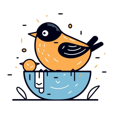 Vector illustration of a cute little bird in a bowl. Flat style.