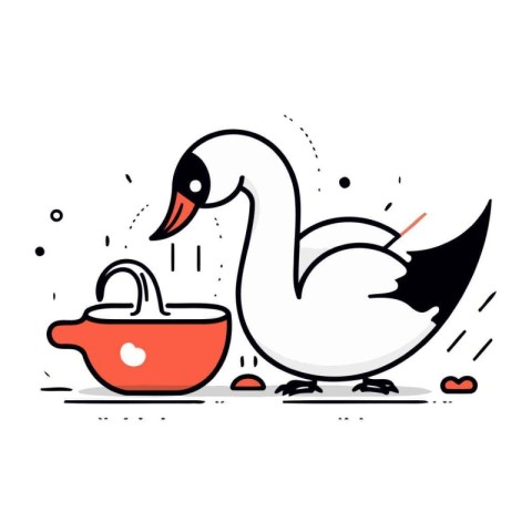 Swan with a bowl of water. Vector illustration in line style.