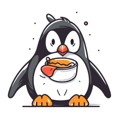 Cute penguin with a bowl of food. Vector illustration.