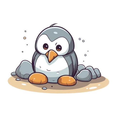 Cute penguin sitting on the rock. Vector cartoon illustration.