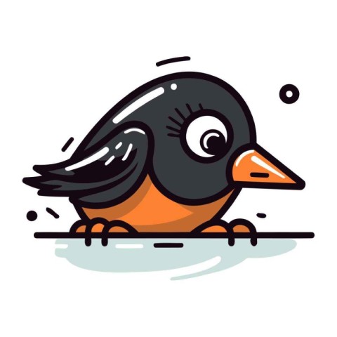 Cute cartoon vector illustration of a little black bird with big