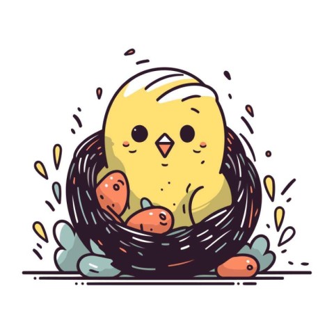 Cute chick in a nest with eggs. Vector illustration in cartoon s