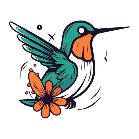 Hummingbird flying with flower in its beak. Vector illustration.