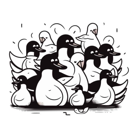 Black and white vector illustration of a group of ducks with duc