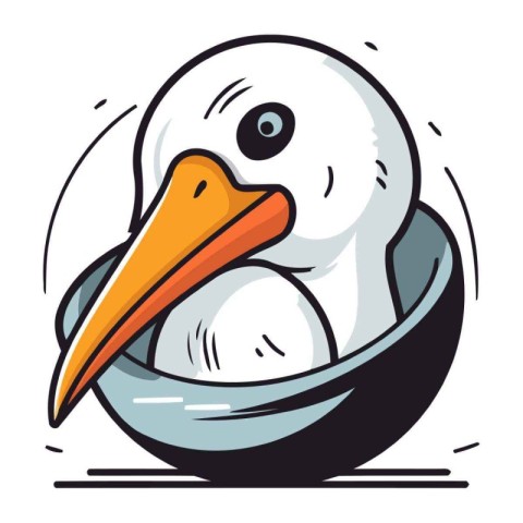 Cute stork in a bowl. Cartoon vector illustration isolated on wh