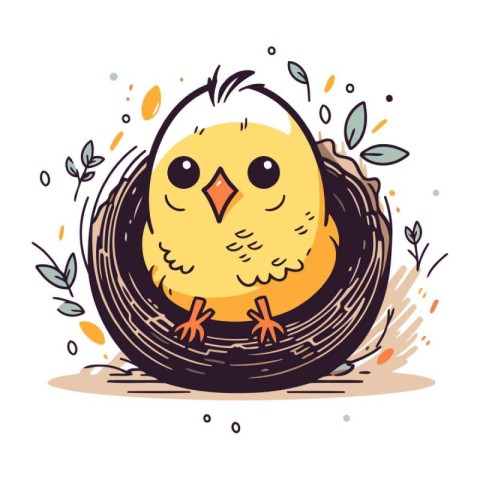 Cute little chick in a nest. Hand drawn vector illustration.