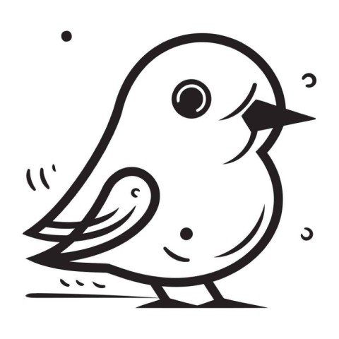 Black and white vector illustration of a cute little bird on a w