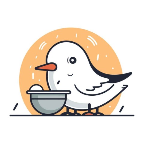 Cute bird with a bowl of baby food. Vector illustration.