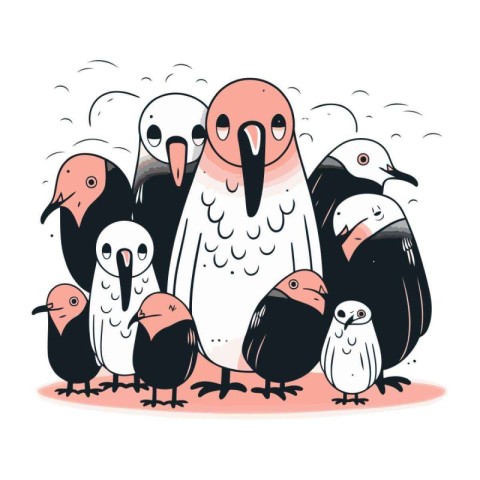 Penguin family. Hand drawn vector illustration in cartoon style.