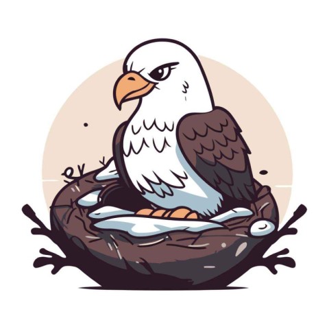 Bald eagle sitting in a nest. Vector illustration in cartoon sty