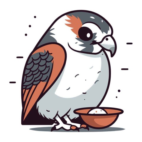 Vector illustration of a cute kestrel with a bowl of rice