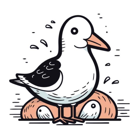 Cartoon seagull sitting on the nest. Vector illustration.