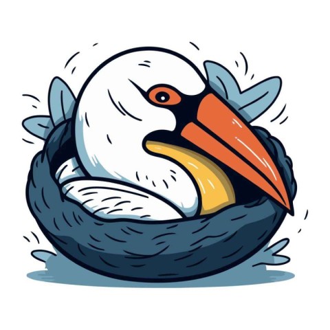 Illustration of a pelican in a nest on a white background
