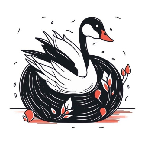 vector illustration of a swan on a nest with tulips.