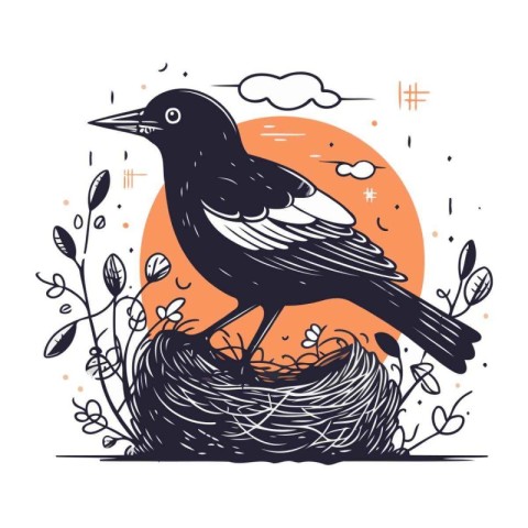 Crow in the nest. Vector illustration in doodle style.