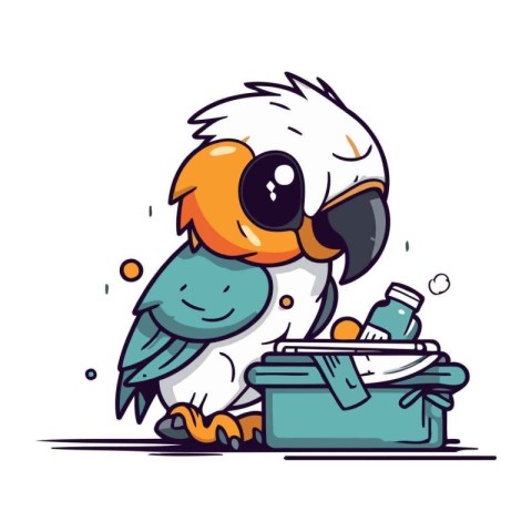 Cute parrot with lunch box. Vector illustration in cartoon style