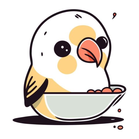 Cute cartoon chick with a bowl of food. Vector illustration.