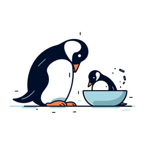 Penguin and penguin in a bowl. Vector illustration.