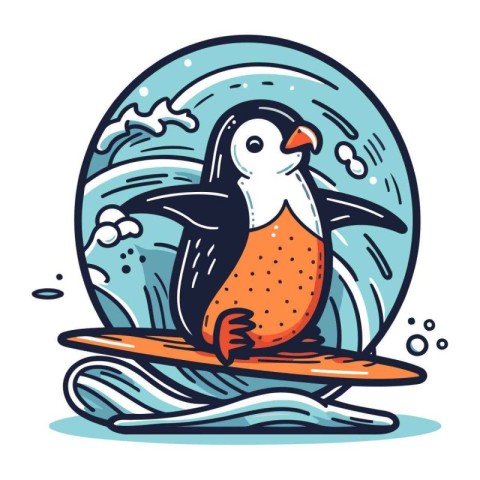 Cute penguin on a surfboard. Hand drawn vector illustration.