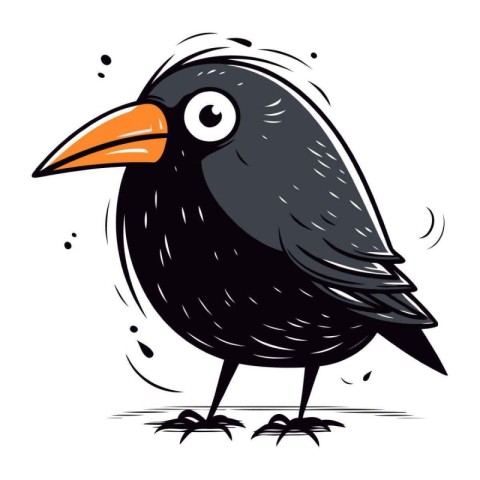 Cute black bird with big eyes and beak. Vector illustration.