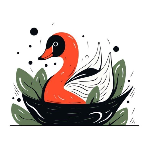 Vector hand drawn illustration of a swan in a nest with leaves.