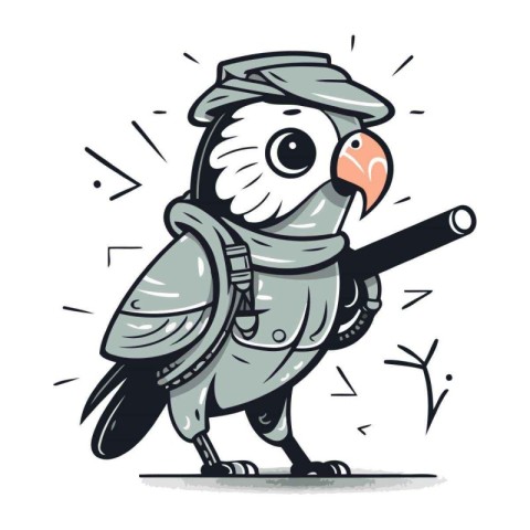 Illustration of a parrot in a military uniform with a gun