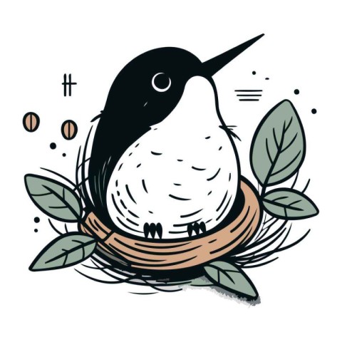 Cute little penguin sitting in a nest. Vector illustration.