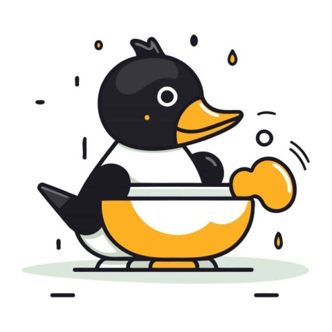 Cute duck in a bowl. Vector illustration on white background.