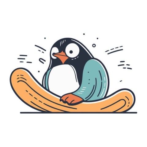 Cute penguin sitting on a sled. Vector illustration in doodle st