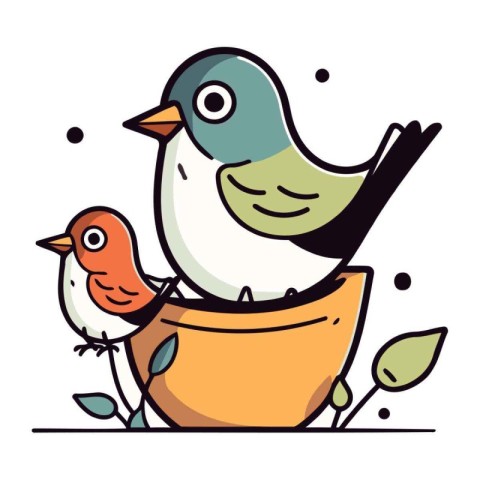 Two cute little birds sitting in a flower pot. Vector illustrati