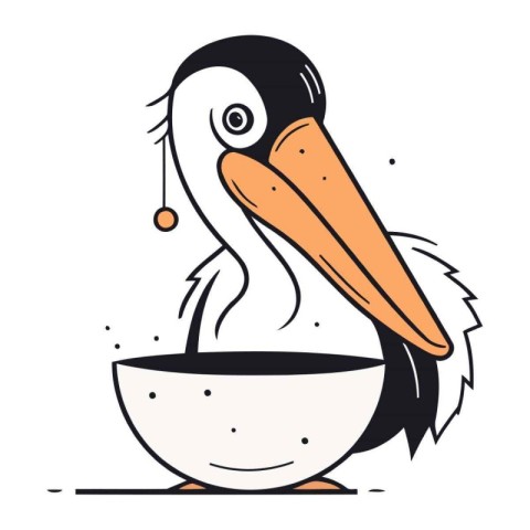 Pelican with a bowl of food. Cartoon vector illustration.