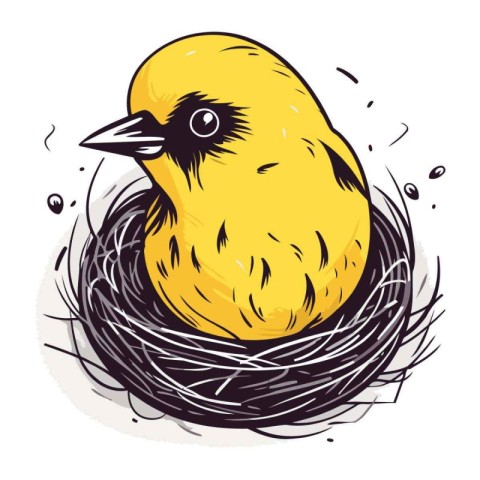 Illustration of a yellow bird in a nest. Vector illustration.