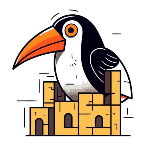 Toucan sitting on a stack of bricks. Vector illustration.