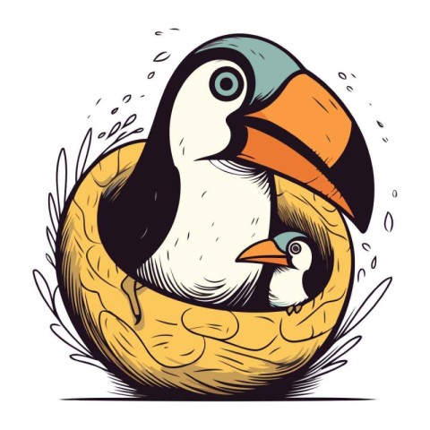 Cute toucan in the nest. Hand drawn vector illustration.