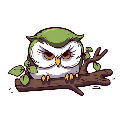 Cute cartoon owl sitting on a tree branch. Vector illustration.