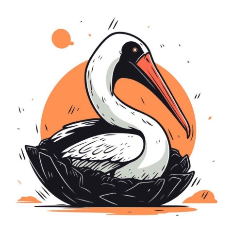 Pelican in the nest. Vector illustration in sketch style.