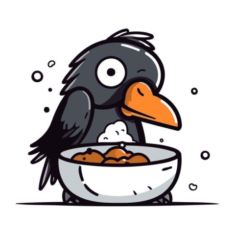 Cute crow eating food from bowl. Vector cartoon character illust