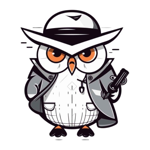 Cartoon killer owl in a hat and with a gun. Vector illustration