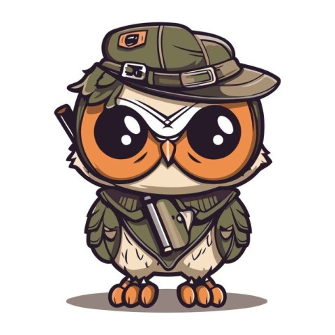 Owl in a military cap with a gun. Cartoon vector illustration