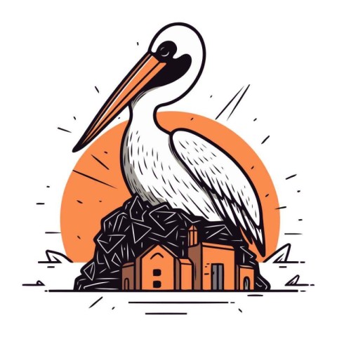 Pelican bird with house in the background. Vector illustration.