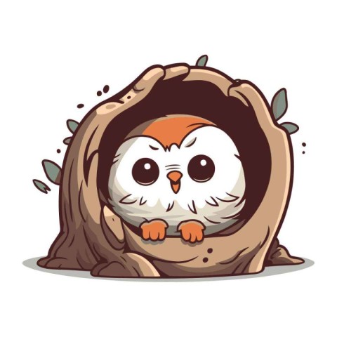 Cute owl in a hole on a white background. Vector illustration