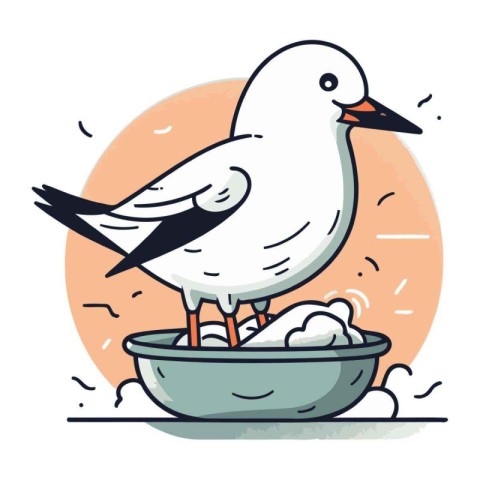 Seagull in a bowl of water. Vector flat illustration.