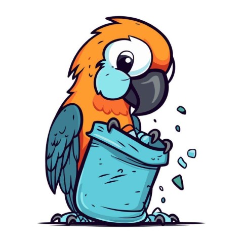 Cute parrot with a bucket of garbage. Vector illustration.