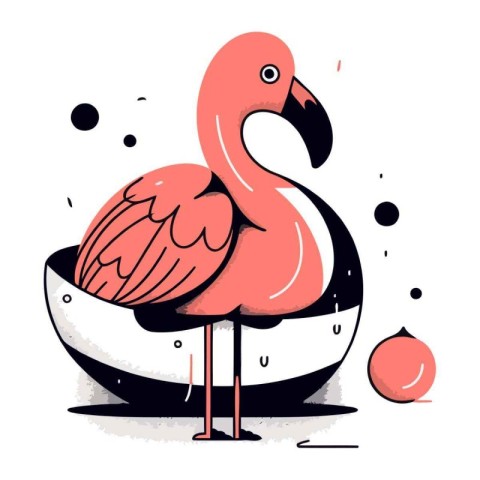 Flamingo on a ball. Vector illustration in cartoon style.