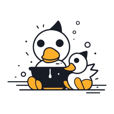 Cute penguin and duckling. Vector illustration in line style.