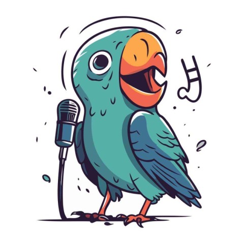 Vector illustration of a cute cartoon parrot singing into a micr