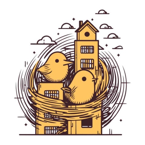 Cute little chicks in a nest. Vector illustration in cartoon sty