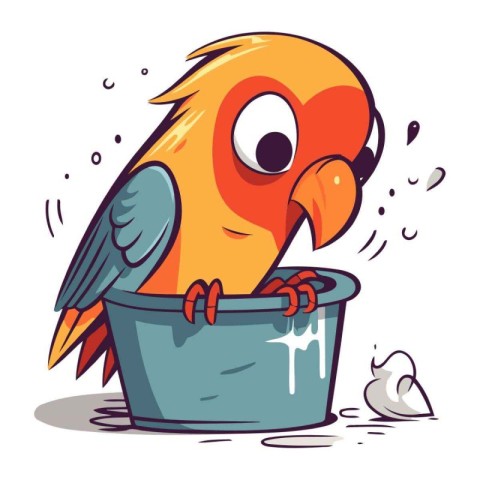 Cartoon parrot sitting on a bucket of water. Vector illustration