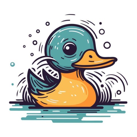 Cute cartoon duck swimming in the water. Vector illustration iso