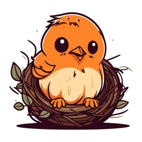 Cute little bird sitting in the nest. Cartoon vector illustratio